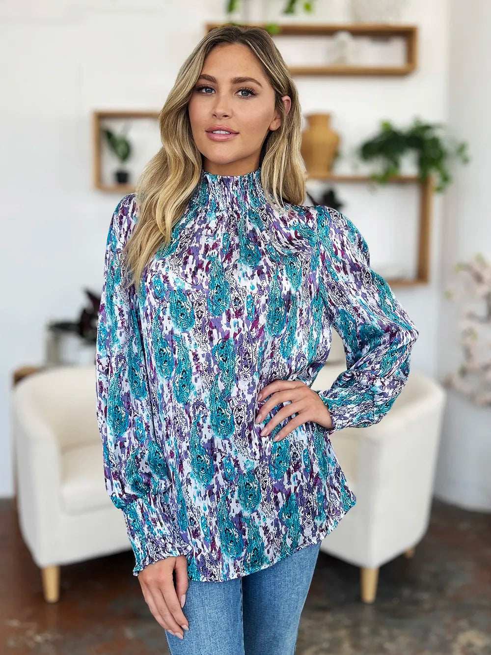 Double Take Full Size Printed Smocked Long Sleeve Blouse - Trendsi - Flyclothing LLC