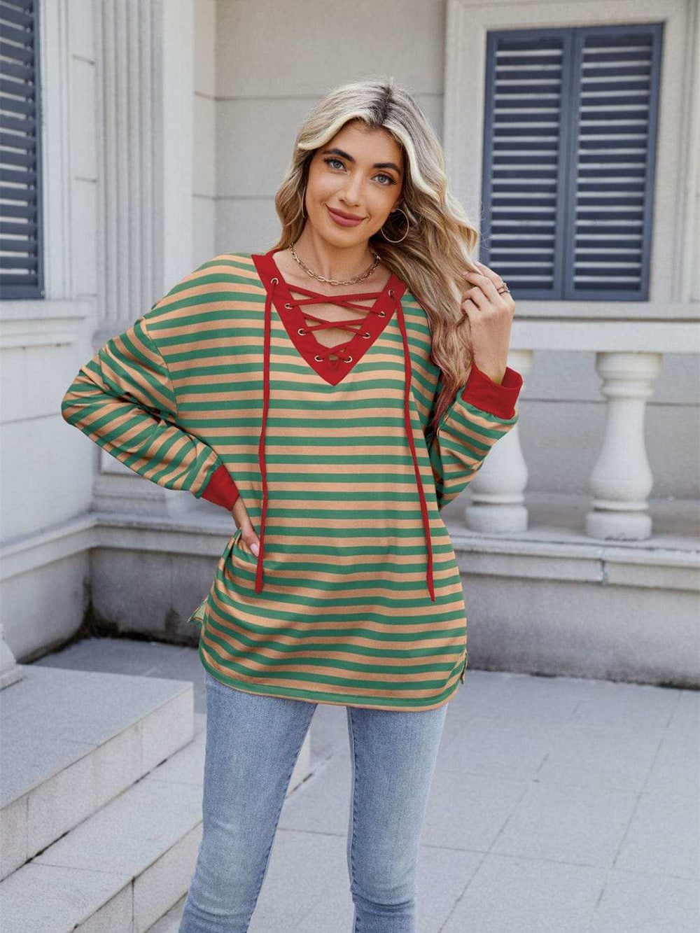 Lace-Up Striped Long Sleeve T-Shirt - Trendsi - Flyclothing LLC