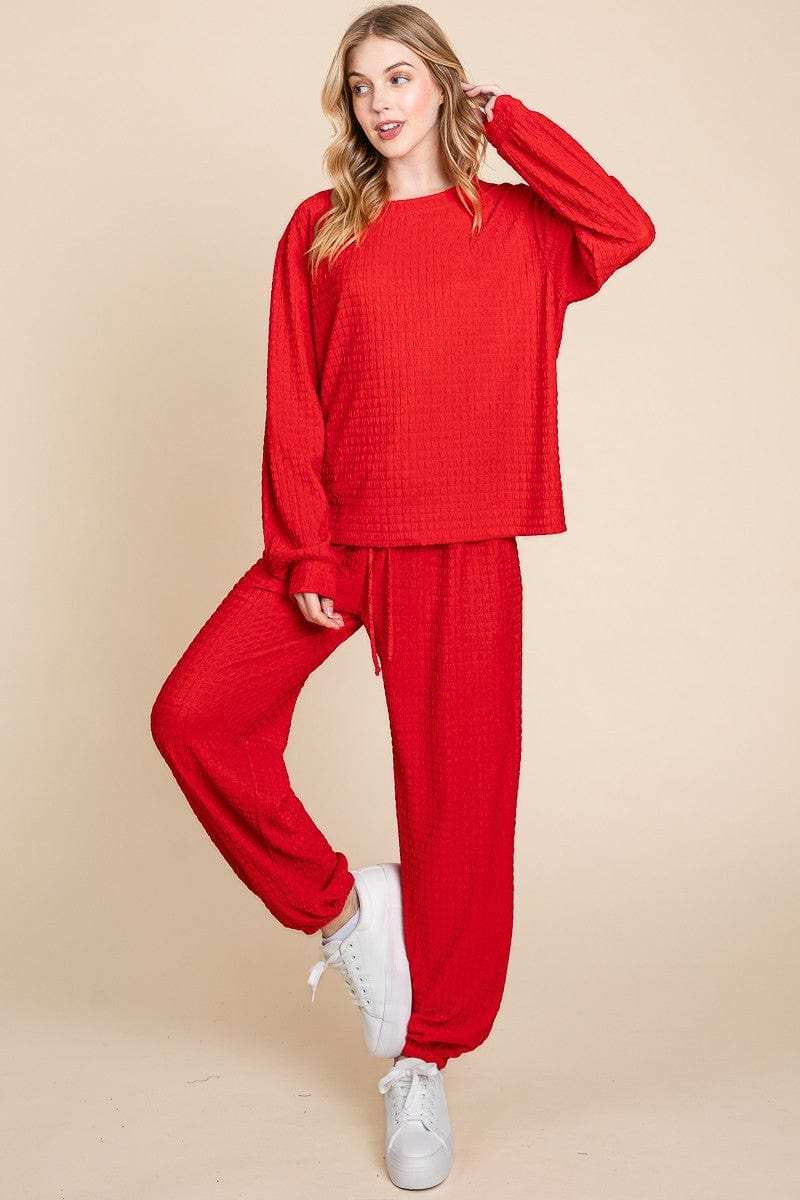 Super Lady Full Size Crinkle Check Round Neck Top and Pants Lounge Set - Trendsi - Flyclothing LLC