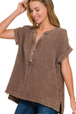 Zenana Washed Double Gauze 3/4 Button Henley Neck Shirt - Trendsi - Flyclothing LLC