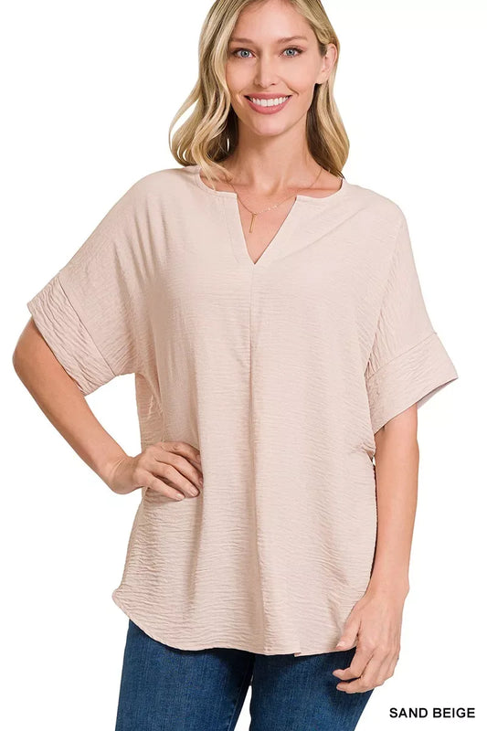 Zenana Woven Airflow Split Neck Short Sleeve Top - Trendsi - Flyclothing LLC