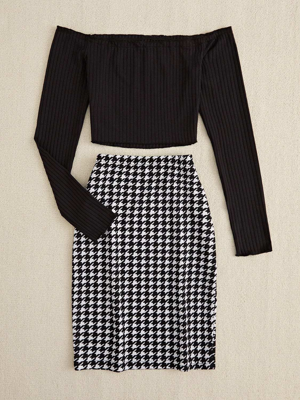 Off-Shoulder Long Sleeve Top and Houndstooth Skirt Set - Trendsi - Flyclothing LLC