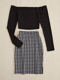 Off-Shoulder Long Sleeve Top and Houndstooth Skirt Set - Trendsi - Flyclothing LLC