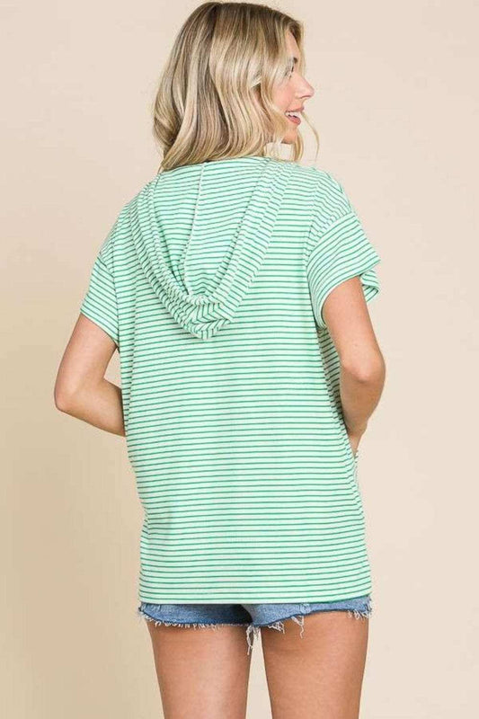 Culture Code Full Size Striped Short Sleeve Hooded Top - Trendsi - Flyclothing LLC