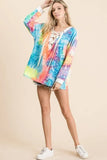 BiBi Tie Dye Deep V-neck Top With Lace Up Front - Trendsi - Flyclothing LLC