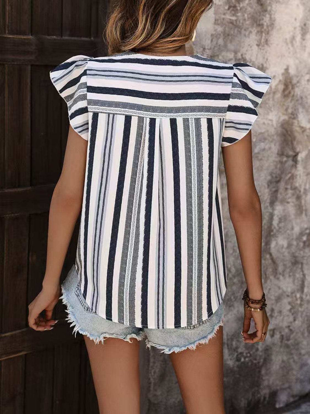 Contrast Striped Notched Ruffled Cap Sleeve Blouse - Trendsi - Flyclothing LLC