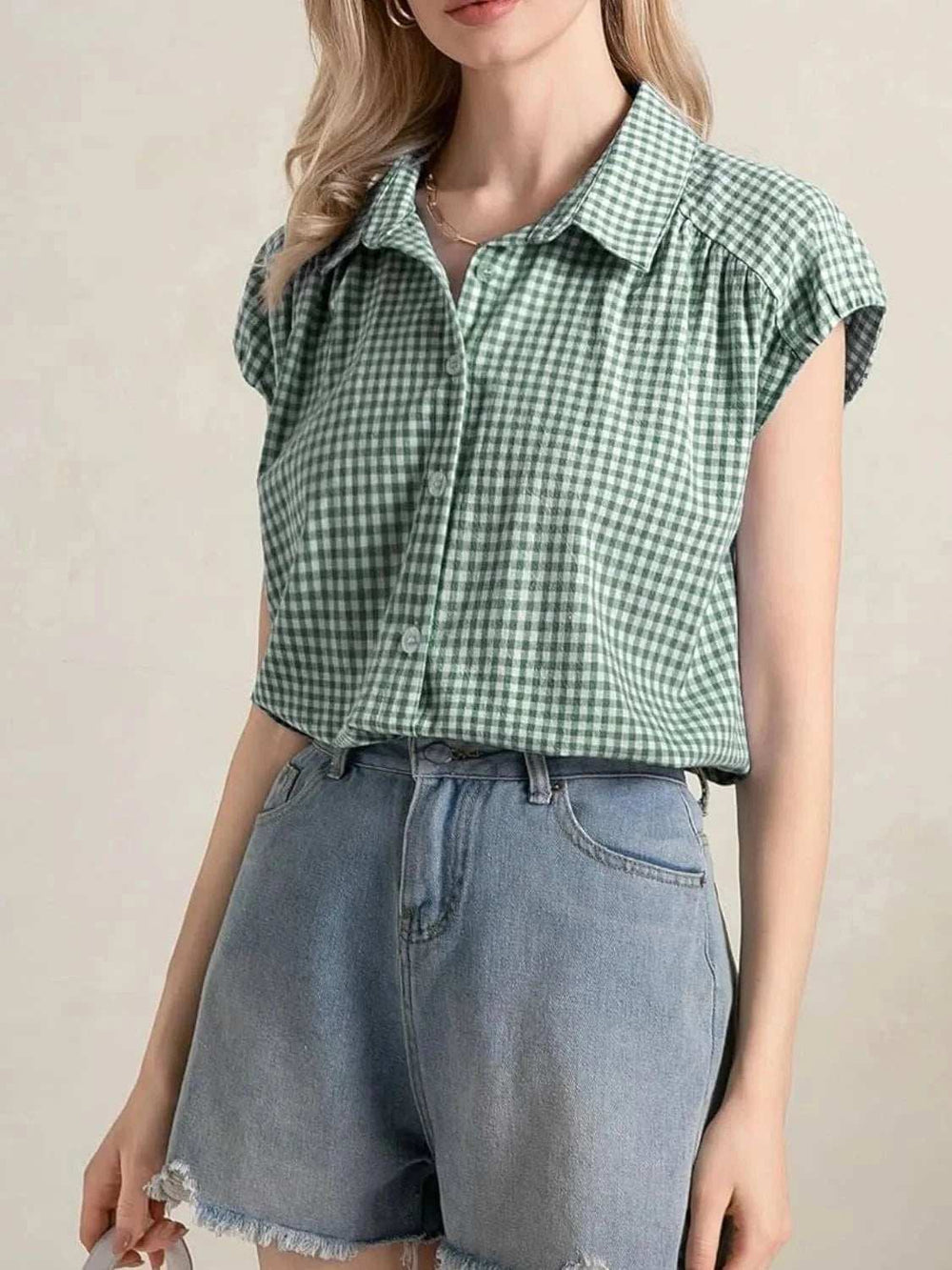 Plaid Button Up Cap Sleeve Shirt - Trendsi - Flyclothing LLC