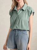 Plaid Button Up Cap Sleeve Shirt - Trendsi - Flyclothing LLC