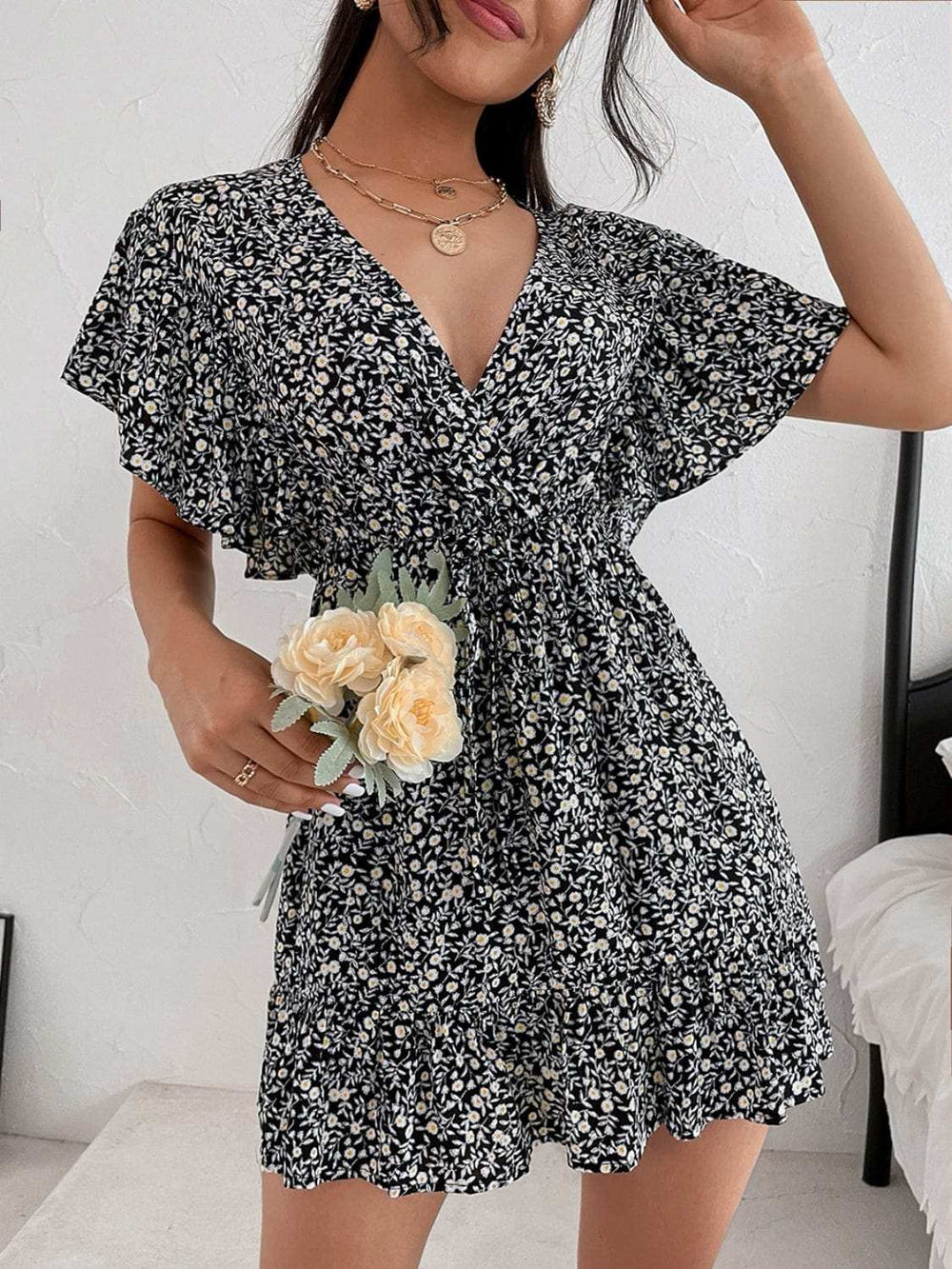 Cutout Ditsy Floral Surplice Flounce Sleeve Dress - Trendsi - Flyclothing LLC