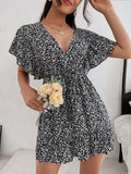 Cutout Ditsy Floral Surplice Flounce Sleeve Dress - Trendsi - Flyclothing LLC