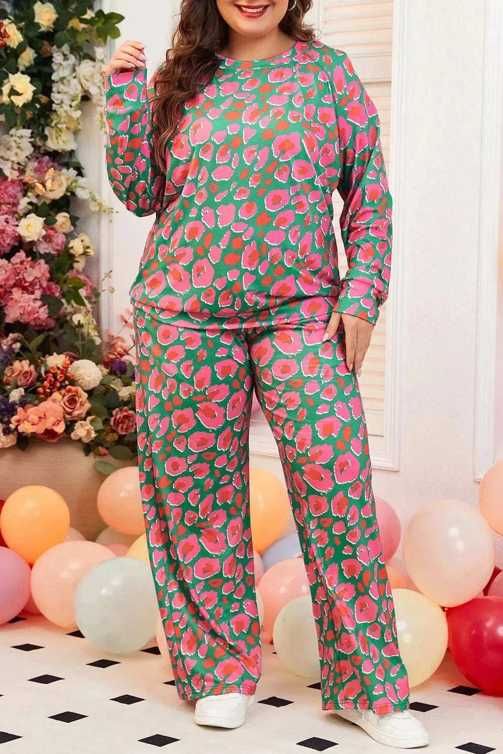 Plus Size Printed Round Neck Long Sleeve Top and Pants Set - Trendsi - Flyclothing LLC