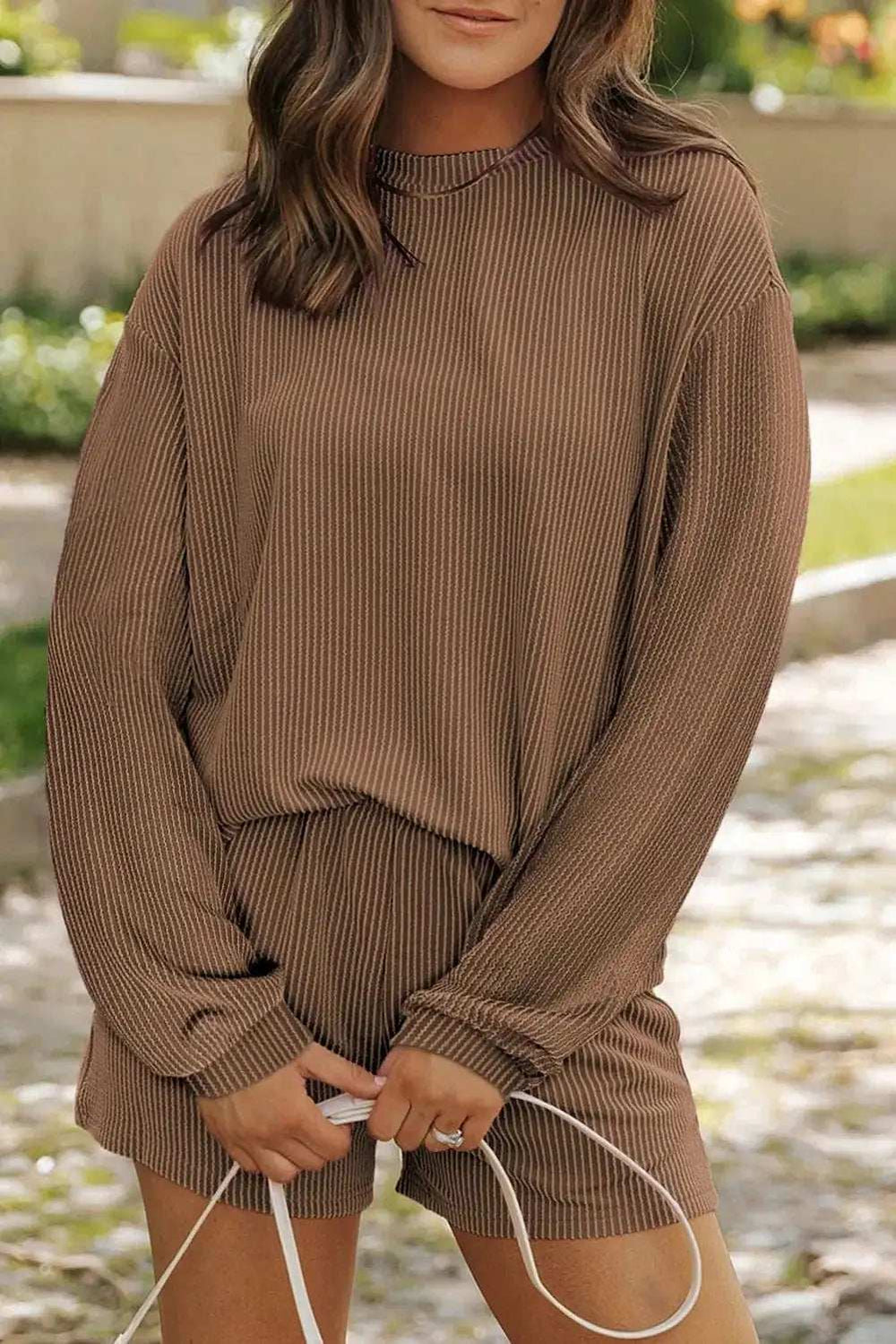 Round Neck Long Sleeve Top and Shorts Set - Trendsi - Flyclothing LLC
