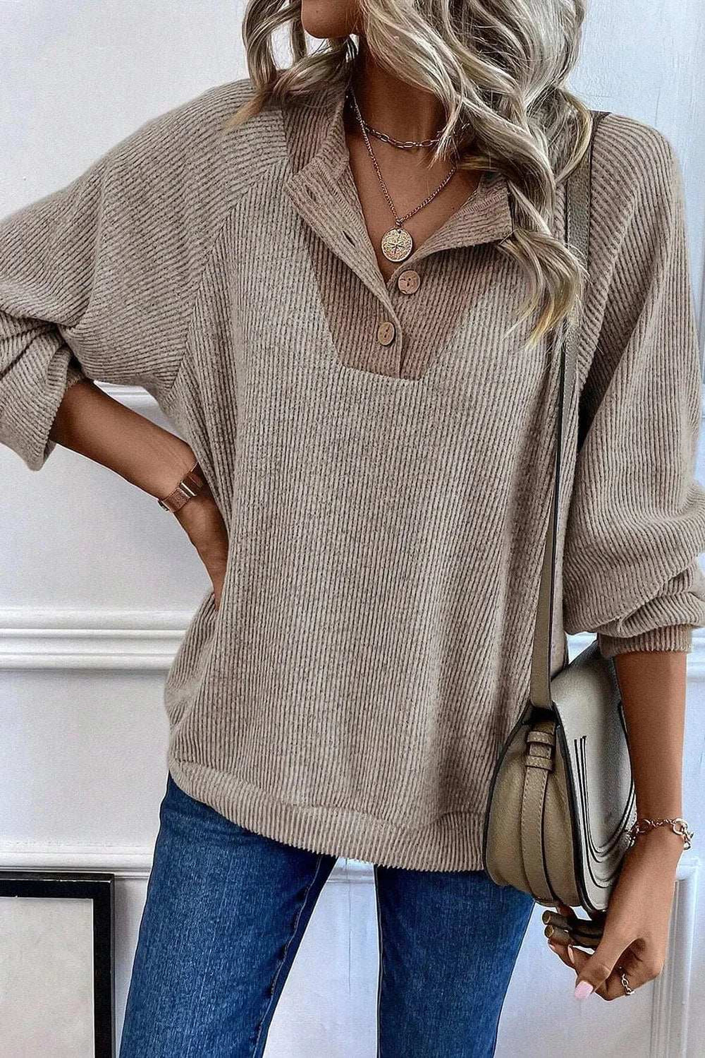 Quarter Buttoned Long Sleeve Blouse - Trendsi - Flyclothing LLC