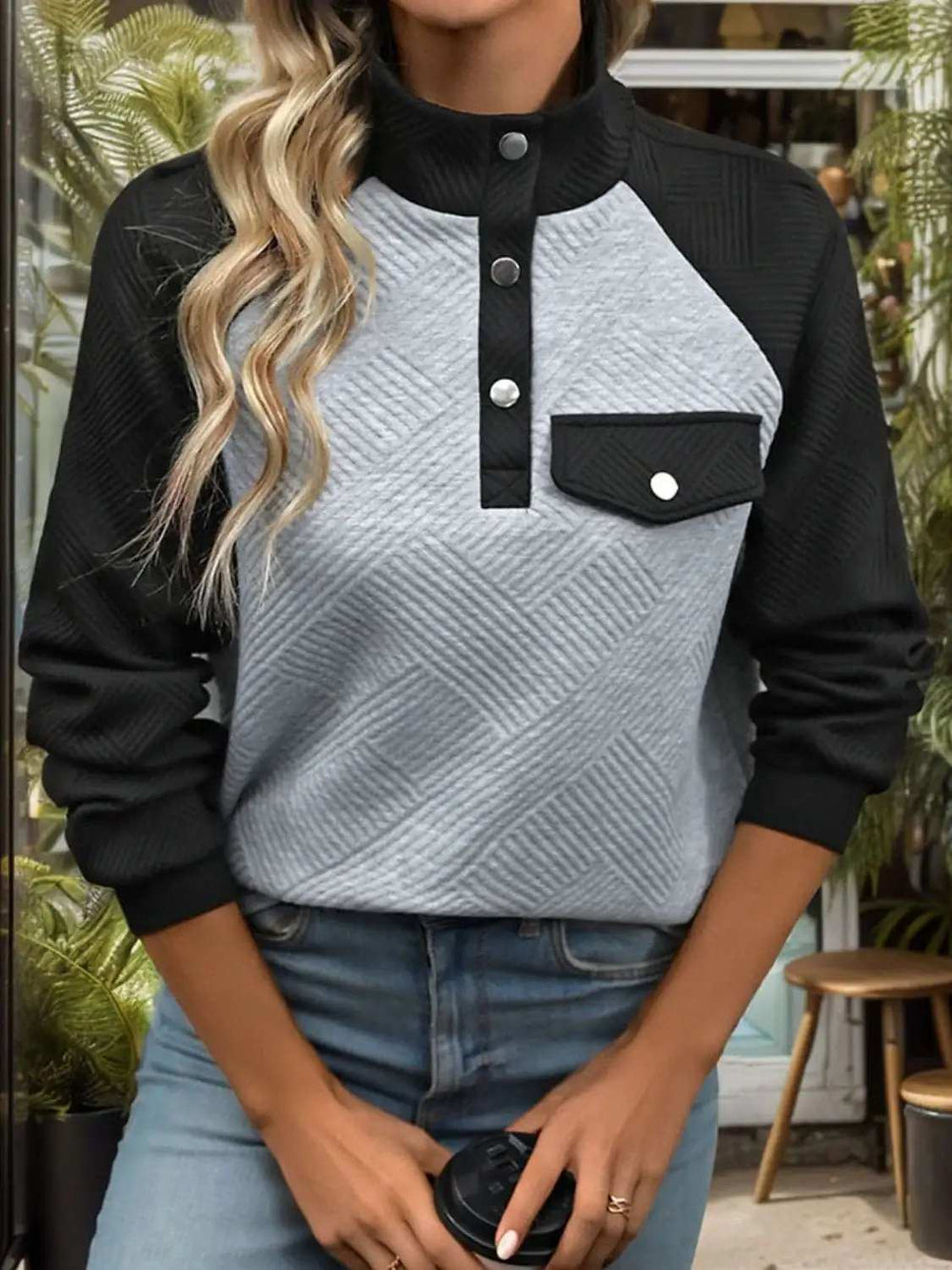 Contrast Textured Long Sleeve Sweatshirt - Trendsi - Flyclothing LLC