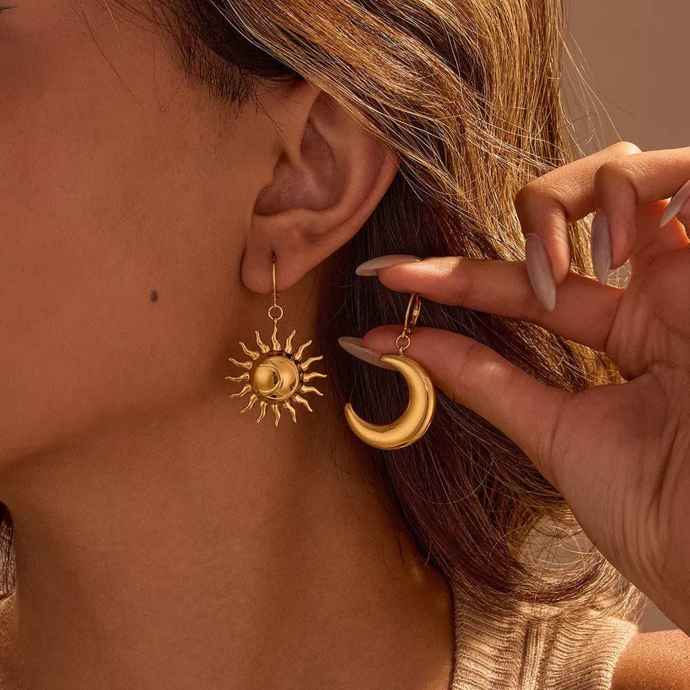 18K Gold-Plated Asymmetrical Sun & Moon Earrings - Trendsi - Flyclothing LLC
