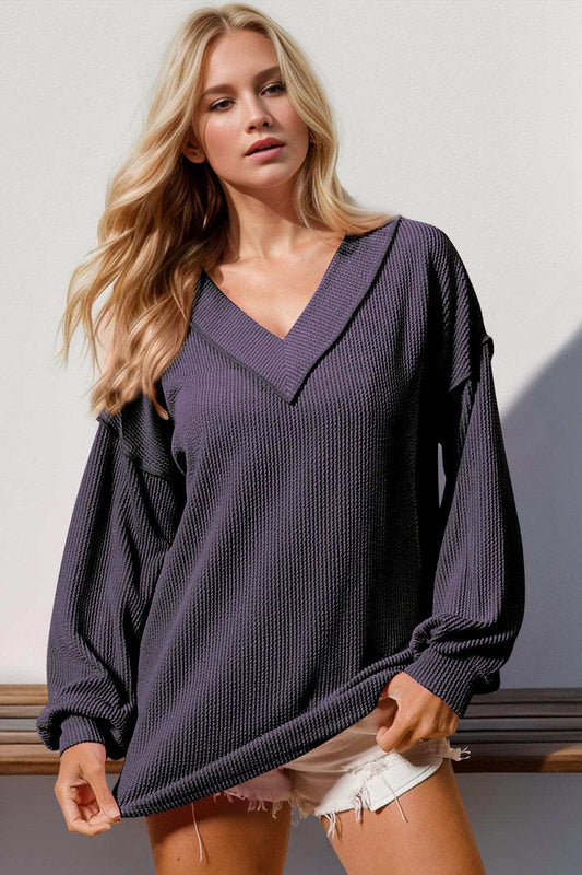 Double Take Exposed Seam Ribbed Textured V-Neck Long Sleeve T-Shirt - Trendsi - Flyclothing LLC