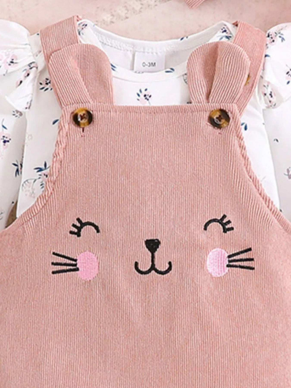 Children's Floral Print Ruffle Trim Top & Corduroy Overalls & Headband Set - Trendsi - Flyclothing LLC