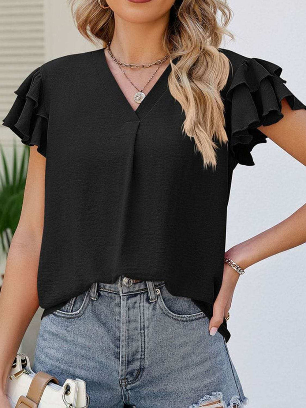 Ruffled V-Neck Cap Sleeve Blouse - Trendsi - Flyclothing LLC