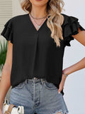 Ruffled V-Neck Cap Sleeve Blouse - Trendsi - Flyclothing LLC