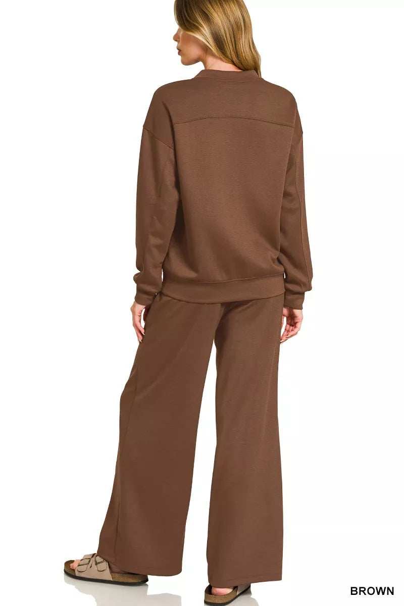 Zenana Scuba Crewneck Pullover and Pants Set - Trendsi - Flyclothing LLC