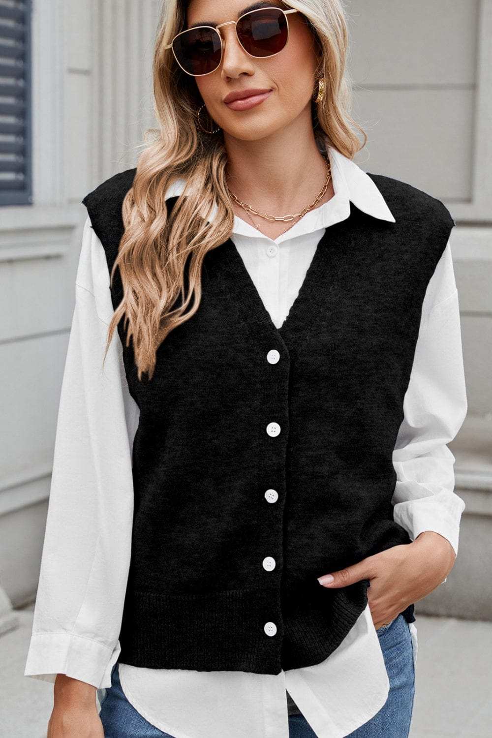 Button Down V-Neck Sweater Vest - Trendsi - Flyclothing LLC