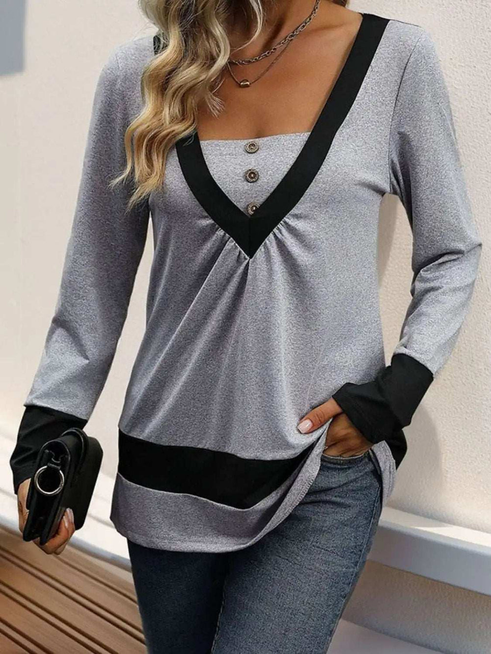 Contrast Long Sleeve T-Shirt - Trendsi - Flyclothing LLC