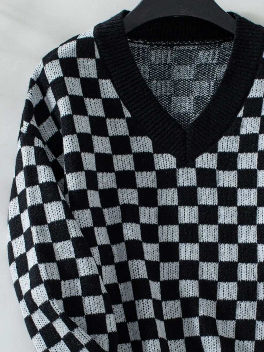 Checkered V-Neck Dropped Shoulder Sweater - Trendsi - Flyclothing LLC