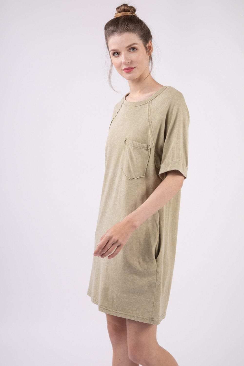 VERY J Washed Round Neck Mini Tee Dress - Trendsi - Flyclothing LLC