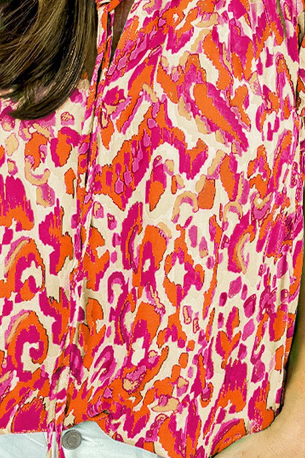 Ruffled Printed Tie Neck Cap Sleeve Blouse - Trendsi - Flyclothing LLC