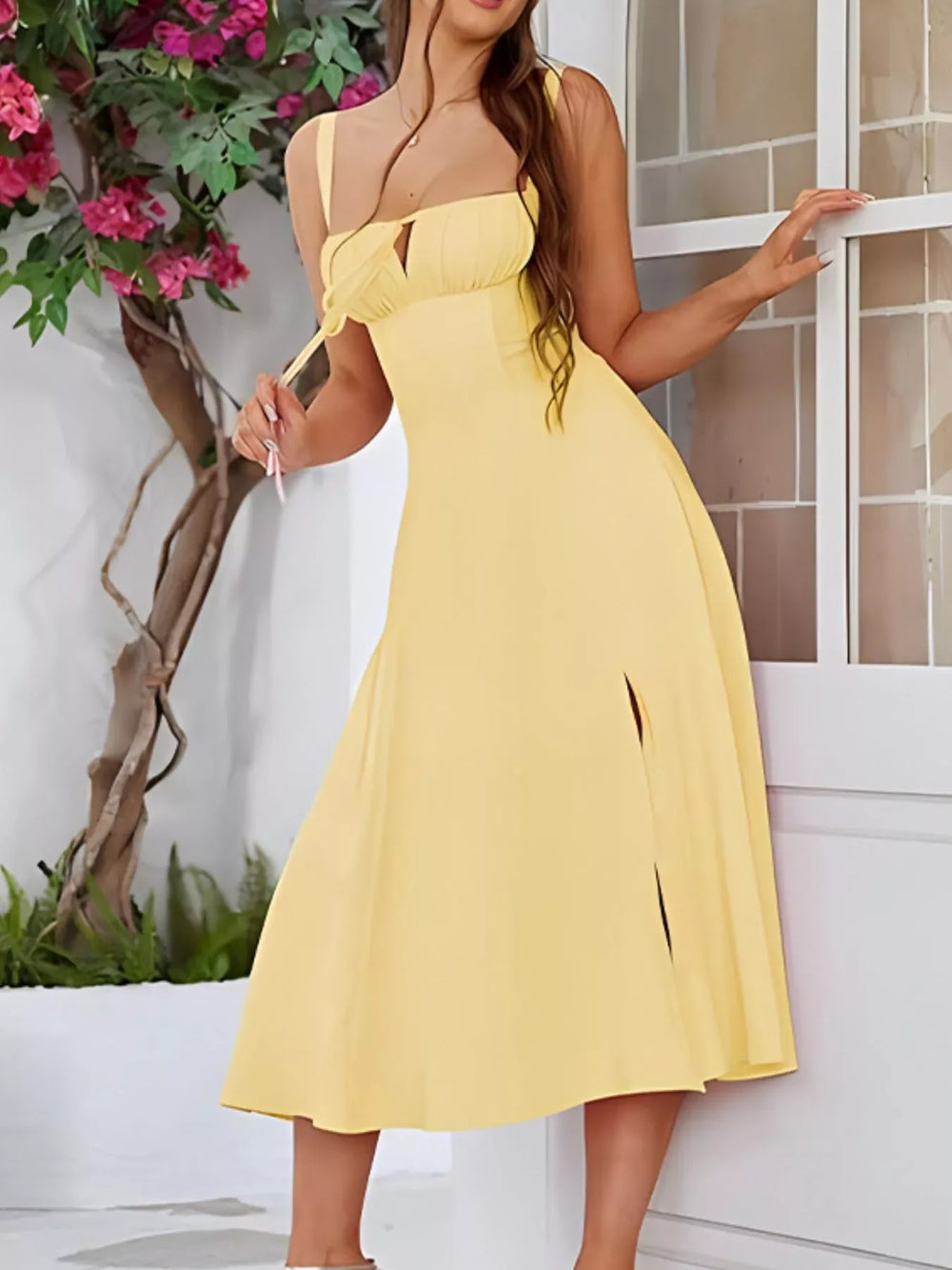 Tie-Front A-Line Midi Dress - Trendsi - Flyclothing LLC