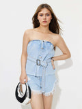 Buttoned Raw Hem Tube Denim Top - Trendsi - Flyclothing LLC
