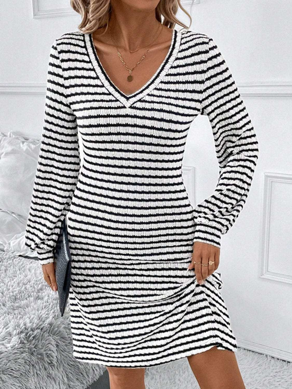 Striped V-Neck Long Sleeve Dress - Trendsi - Flyclothing LLC