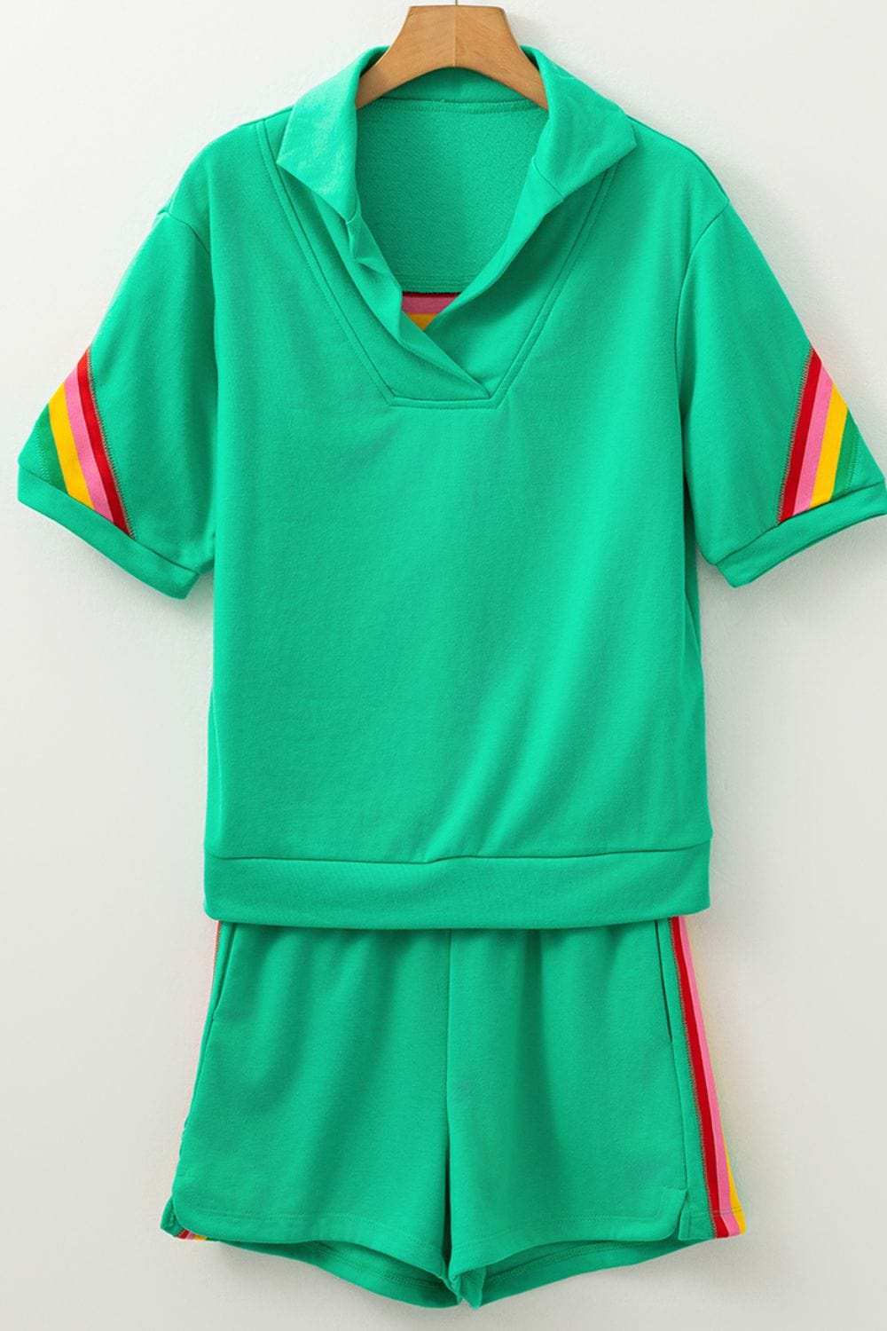 Rainbow Collared Short Sleeve Top and Shorts Set - Trendsi - Flyclothing LLC