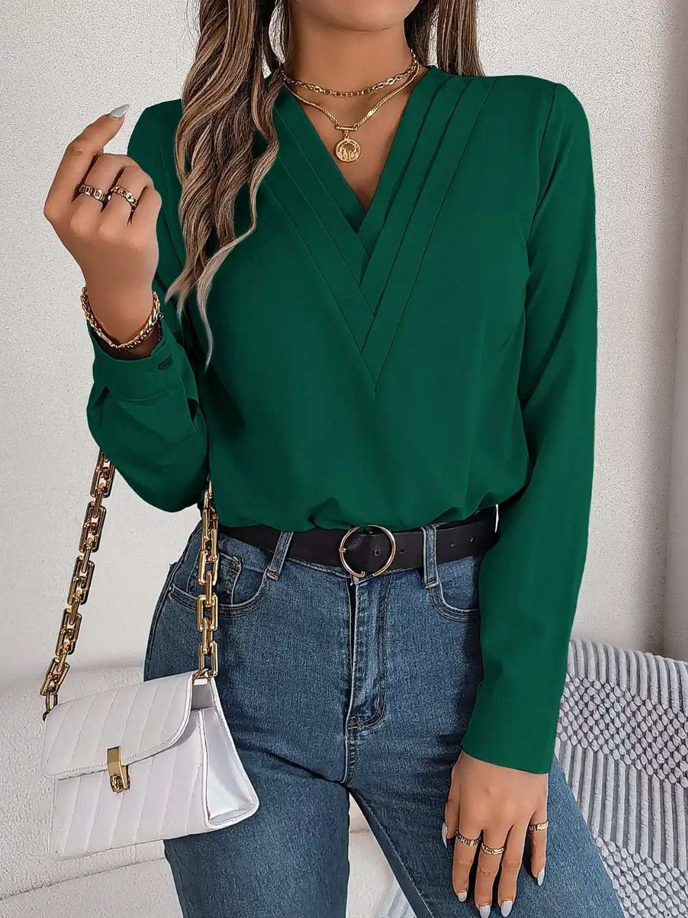 V-Neck Long Sleeve Blouse - Trendsi - Flyclothing LLC