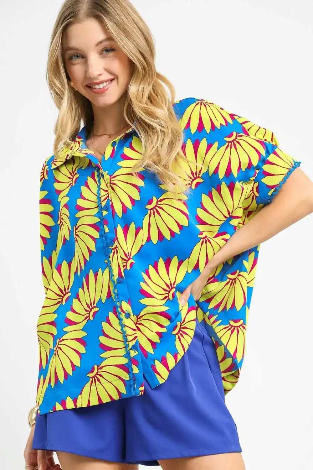 Umgee Printed Button-Up Relaxed Shirt - Trendsi - Flyclothing LLC