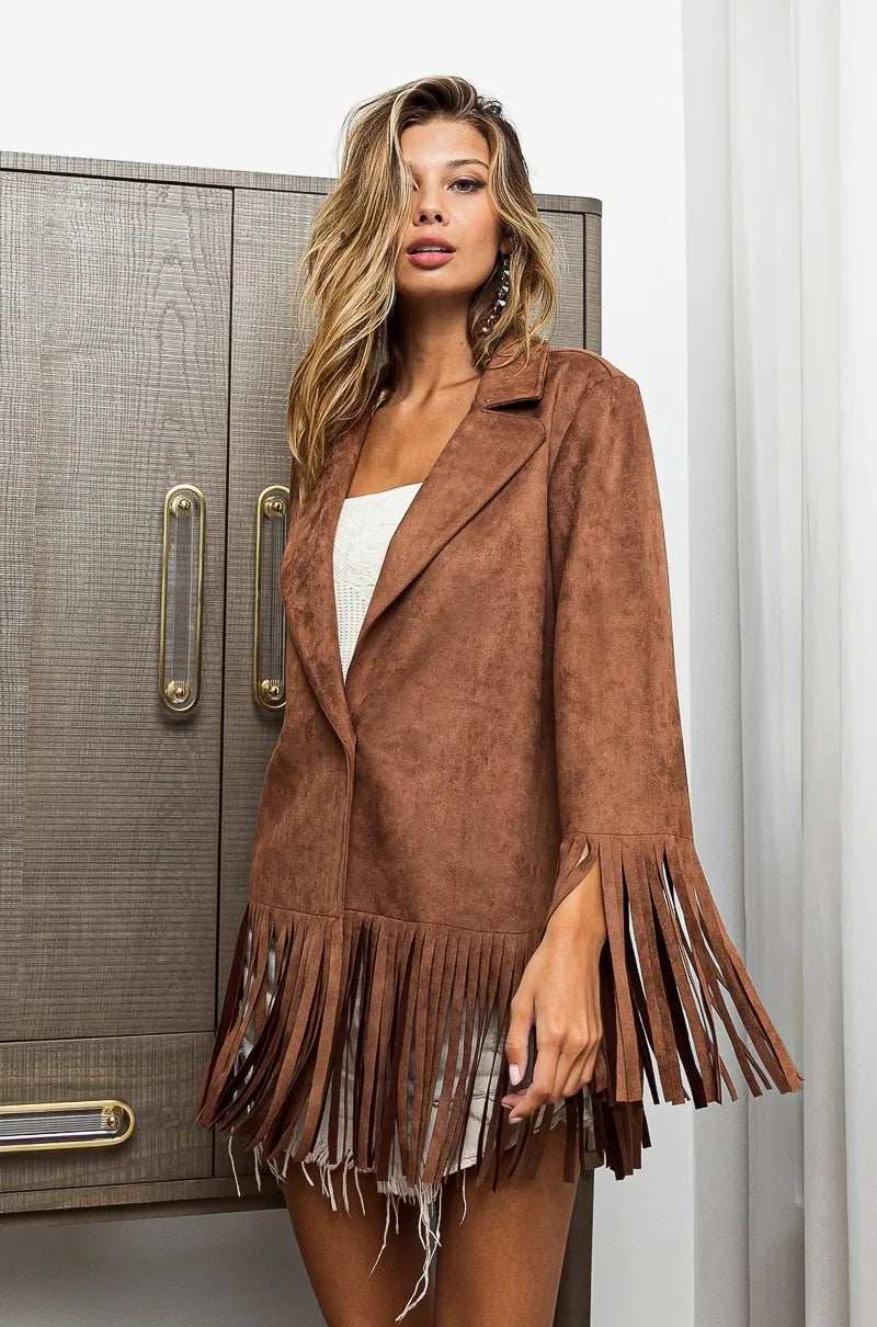 BiBi Single Blazer with Fringed Hem - Trendsi - Flyclothing LLC
