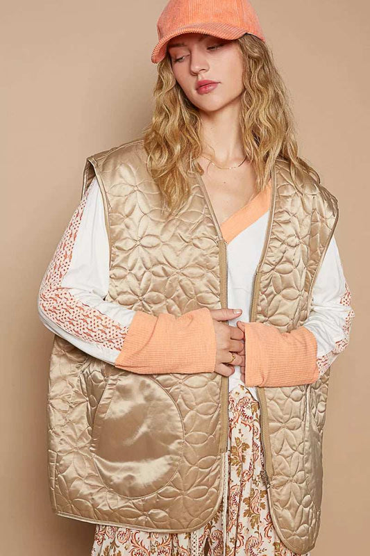 POL Front Zipper Floral Pattern Quilted Vest Coat with Front Pockets - Trendsi - Flyclothing LLC