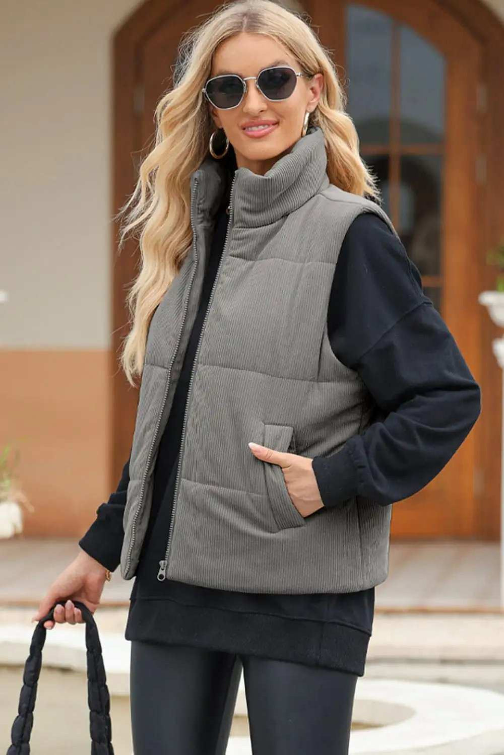 Pocketed Zip Up Turtleneck Vest Coat - Trendsi - Flyclothing LLC