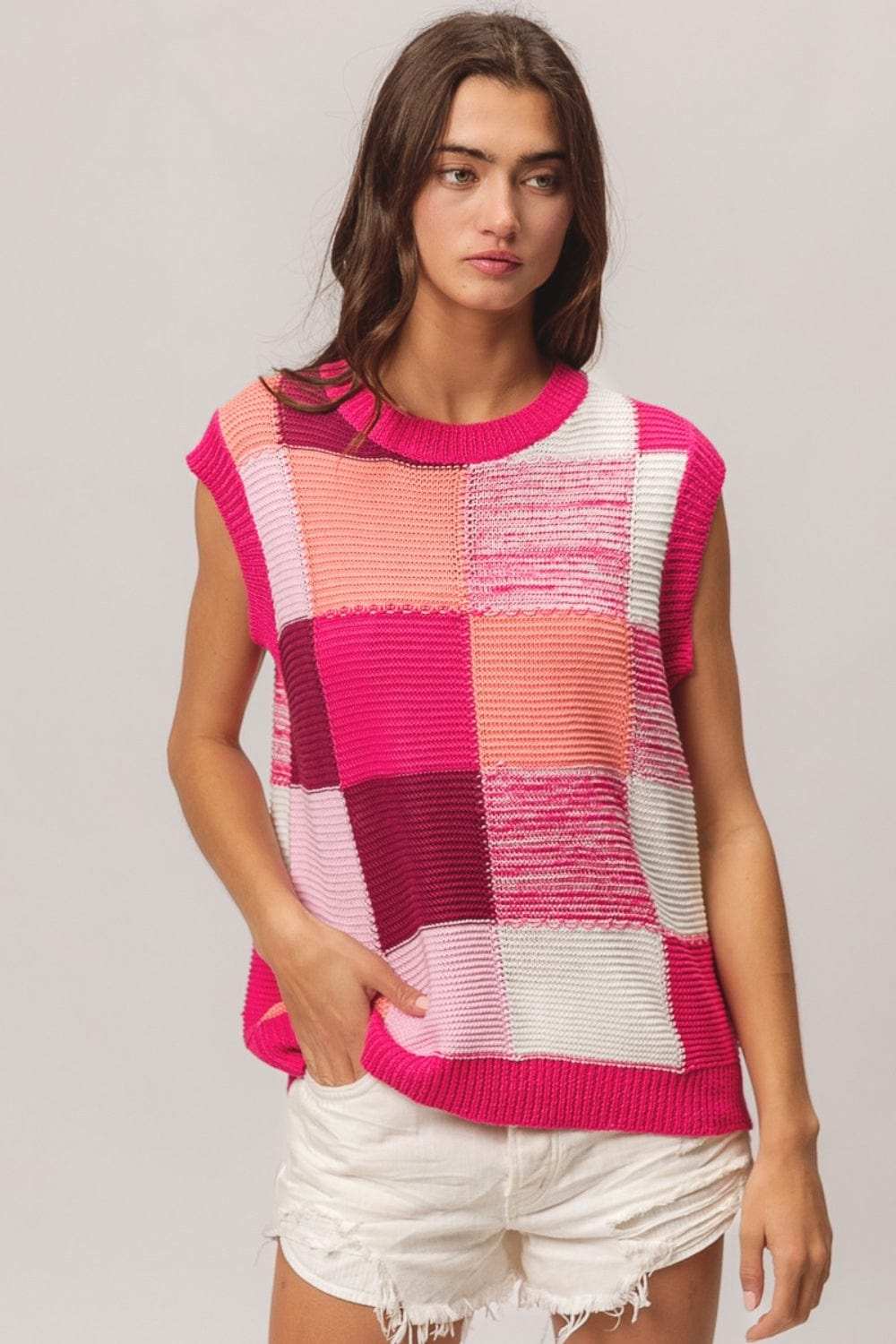 BiBi Color Block Round Neck Sweater Vest - Trendsi - Flyclothing LLC