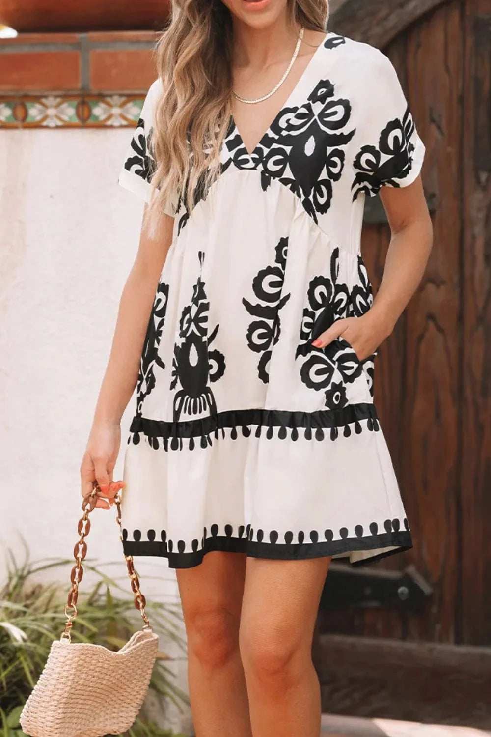 Printed V-Neck Short Sleeve Dress - Trendsi - Flyclothing LLC