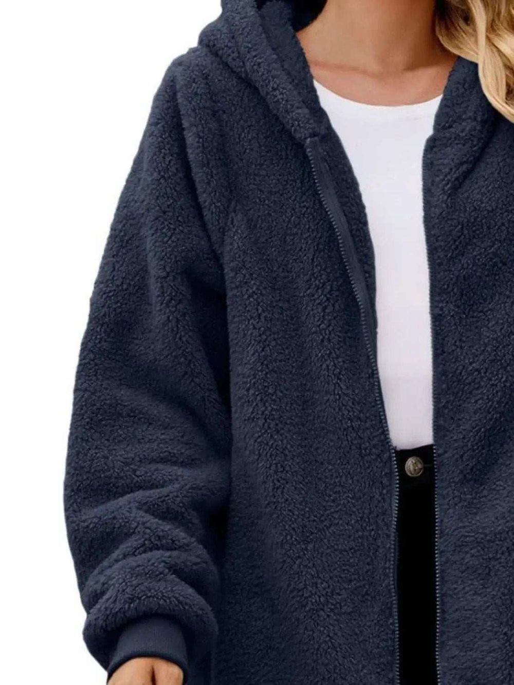 Fuzzy Pocketed Zip Up Long Sleeve Hooded Jacket - Trendsi - Flyclothing LLC