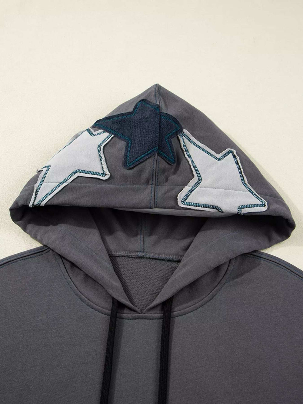 Star Patchwork Contrast Stitching Mineral Wash Kangaroo Pocket Hoodie - Trendsi - Flyclothing LLC