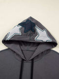 Star Patchwork Contrast Stitching Mineral Wash Kangaroo Pocket Hoodie - Trendsi - Flyclothing LLC