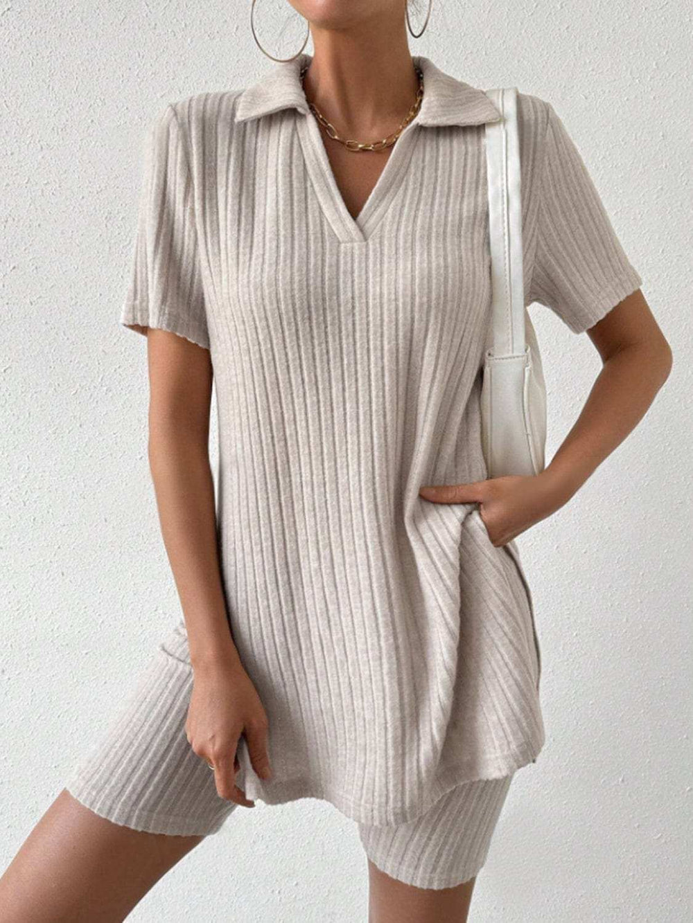 Johnny Collar Short Sleeve Top and Shorts Set - Trendsi - Flyclothing LLC