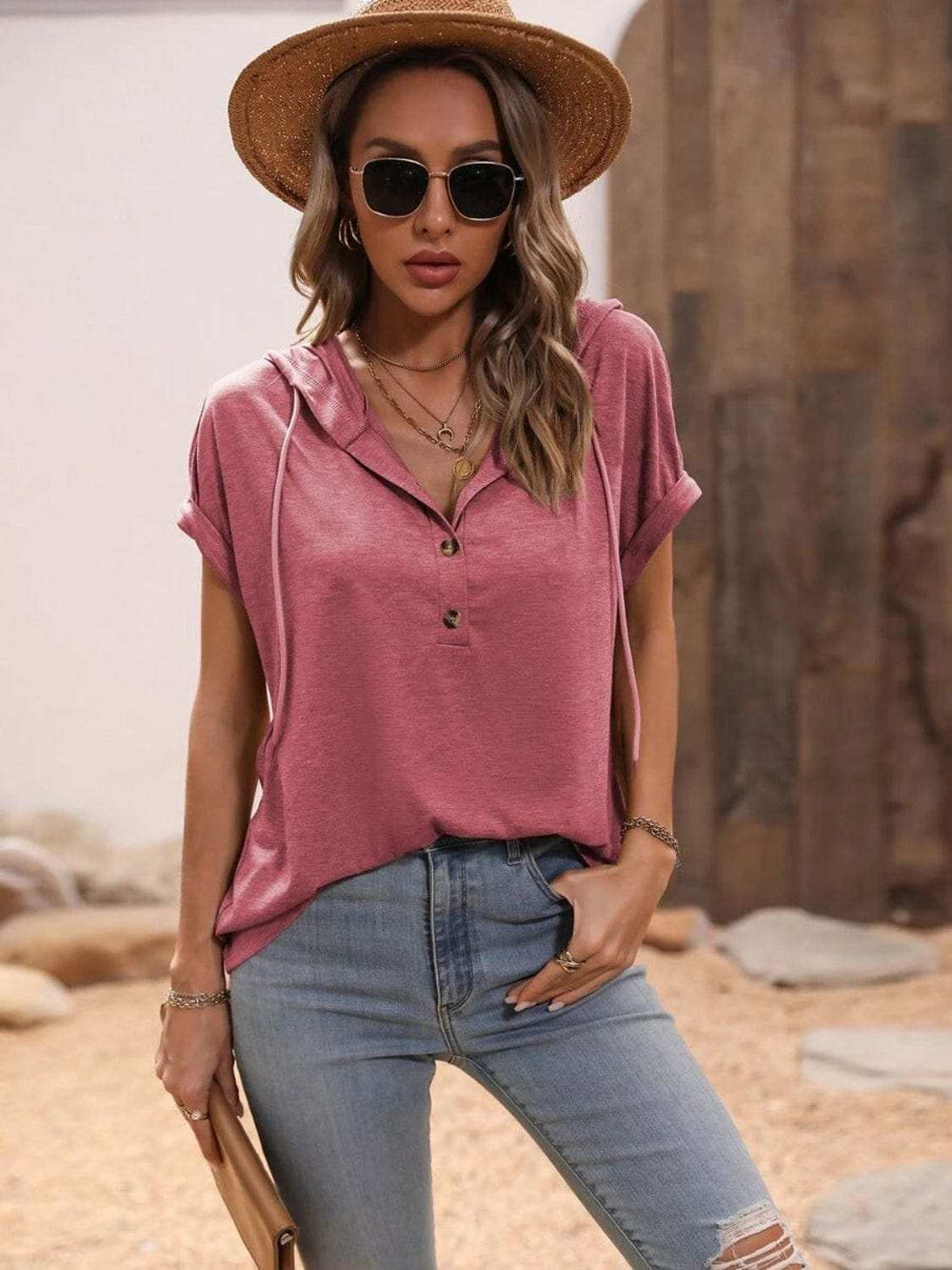Half Button Hooded Short Sleeve Blouse - Trendsi - Flyclothing LLC