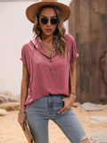 Half Button Hooded Short Sleeve Blouse - Trendsi - Flyclothing LLC