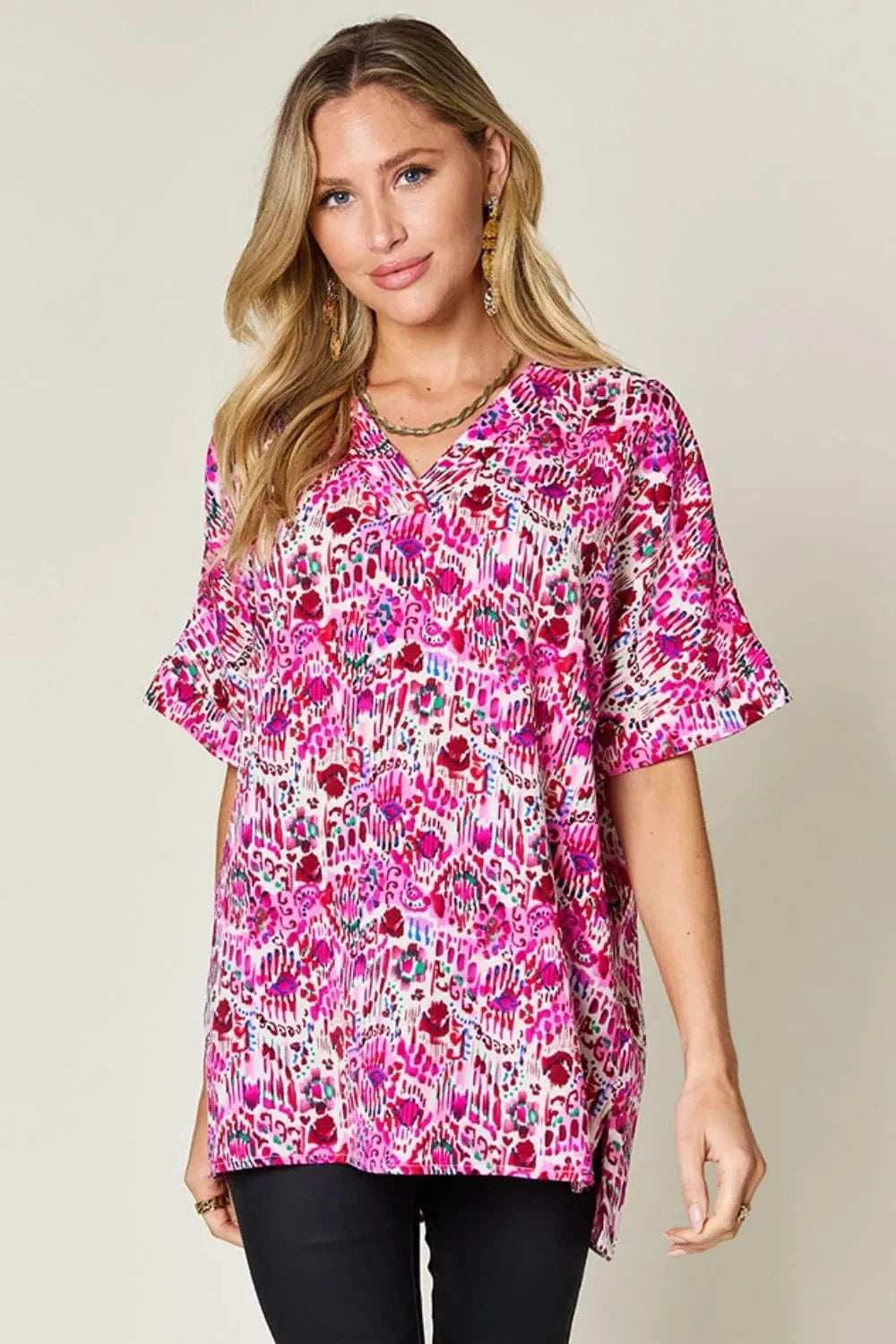Double Take Full Size Printed V-Neck Short Sleeve Blouse - Trendsi - Flyclothing LLC
