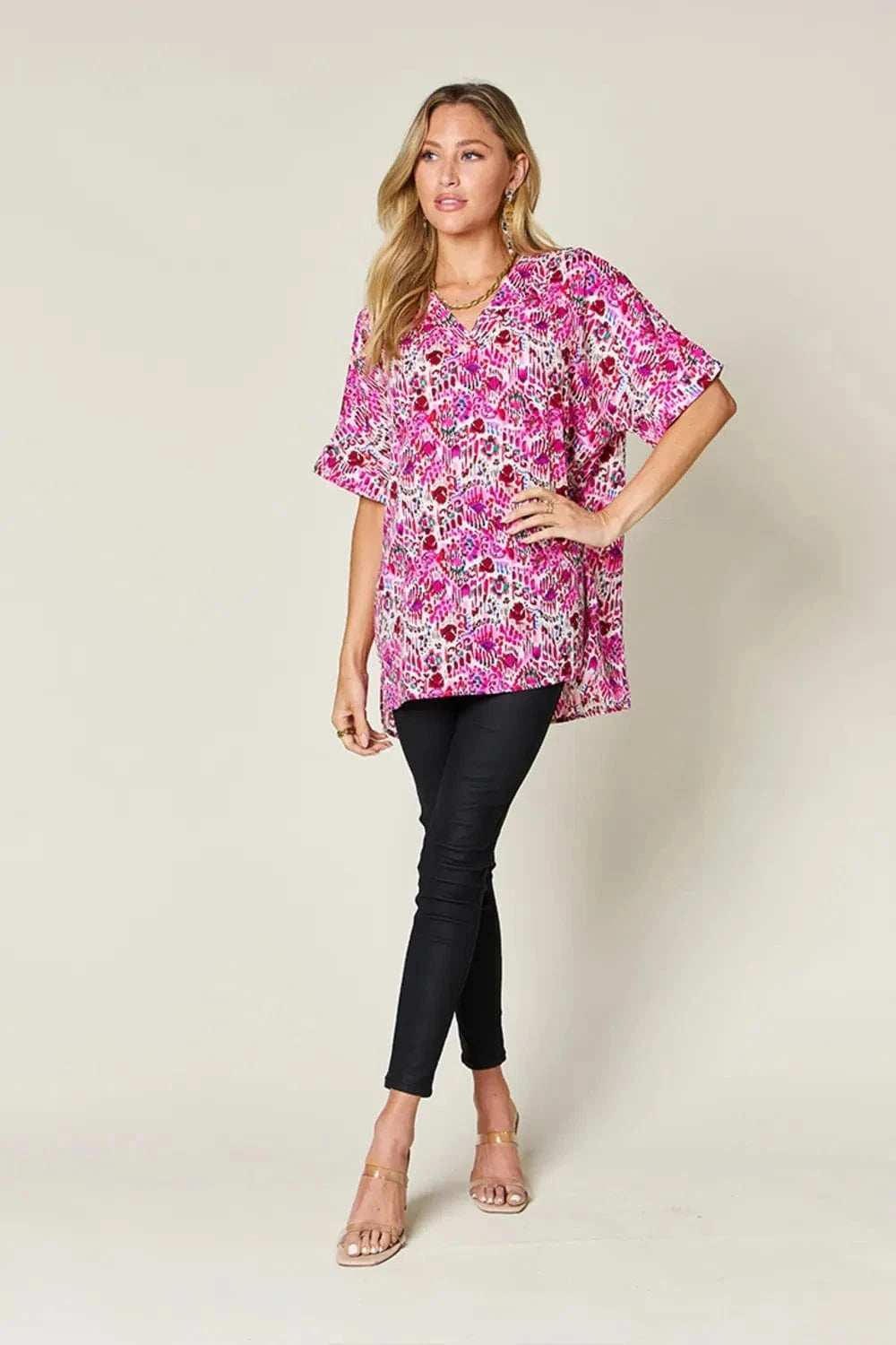 Double Take Full Size Printed V-Neck Short Sleeve Blouse - Trendsi - Flyclothing LLC