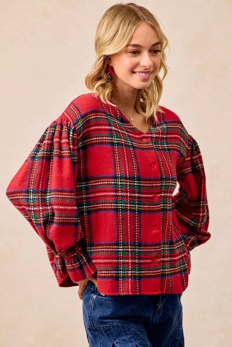 BiBi Christmas Plaid V-Neck Flounce Sleeve Jacket - Trendsi - Flyclothing LLC