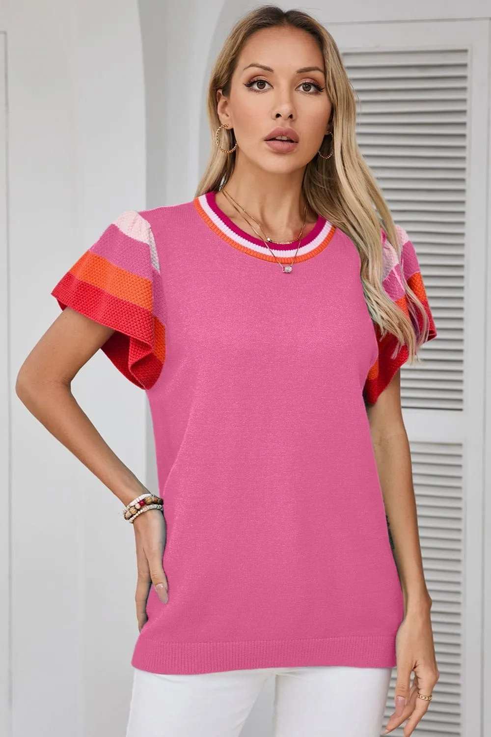 Color Block Round Neck Knit Top - Trendsi - Flyclothing LLC